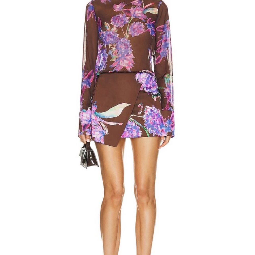 Rococo Sand Brown Floral Long-Sleeve Mini Dress with Purple Print